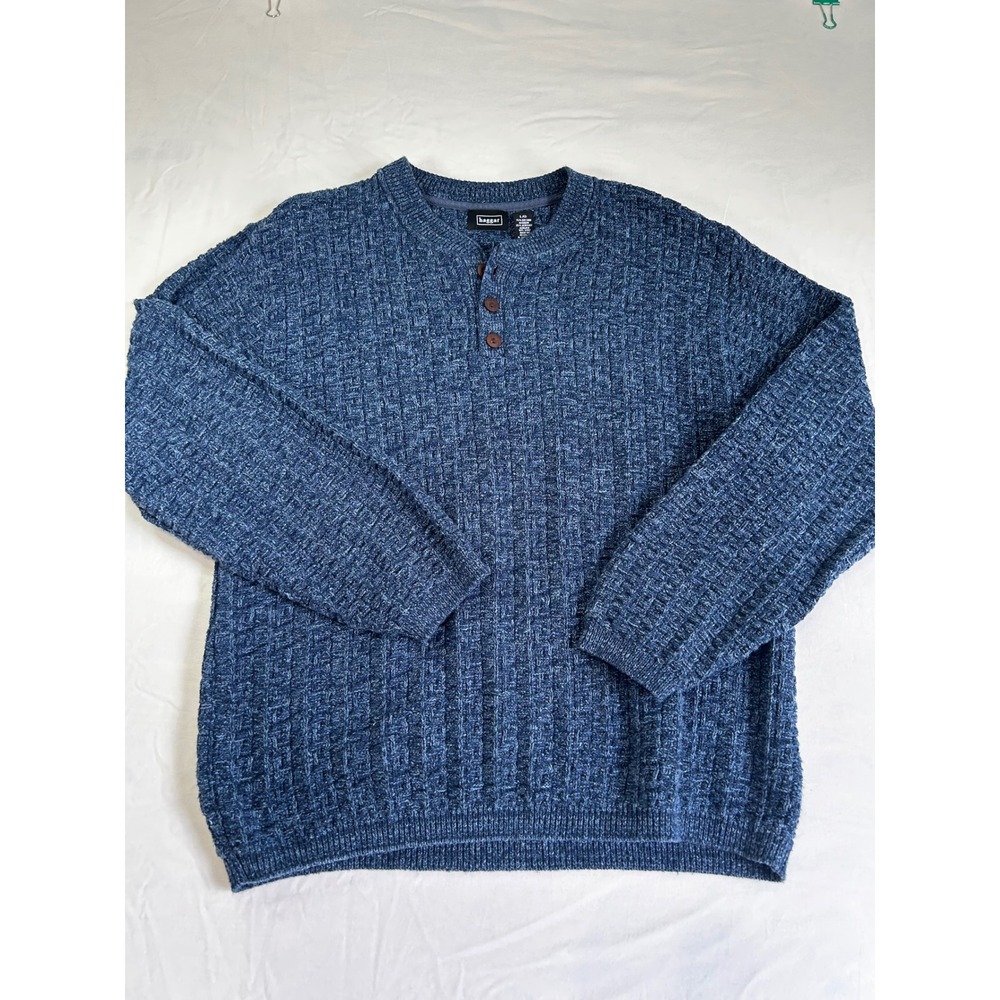Haggar Mens Henley Sweater Blue Waffle Knit Cotton Blend Large Pullover Button
